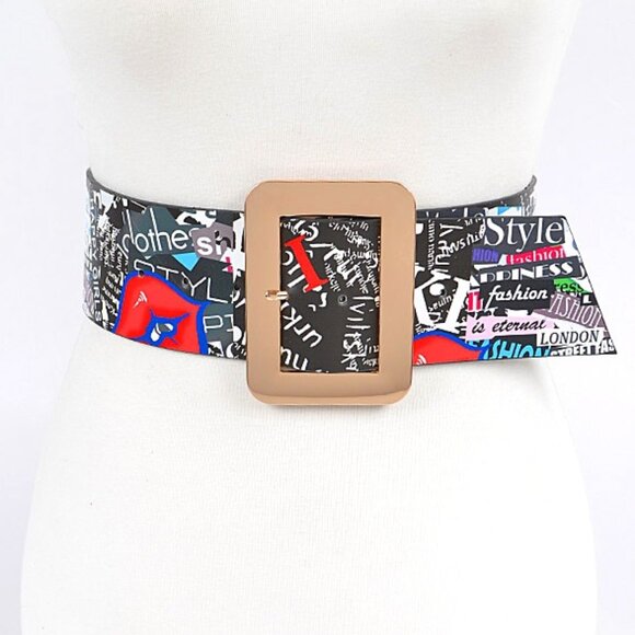 BNWT Mix Color Magazine Printed Fashion Wide Belt - Picture 1 of 4